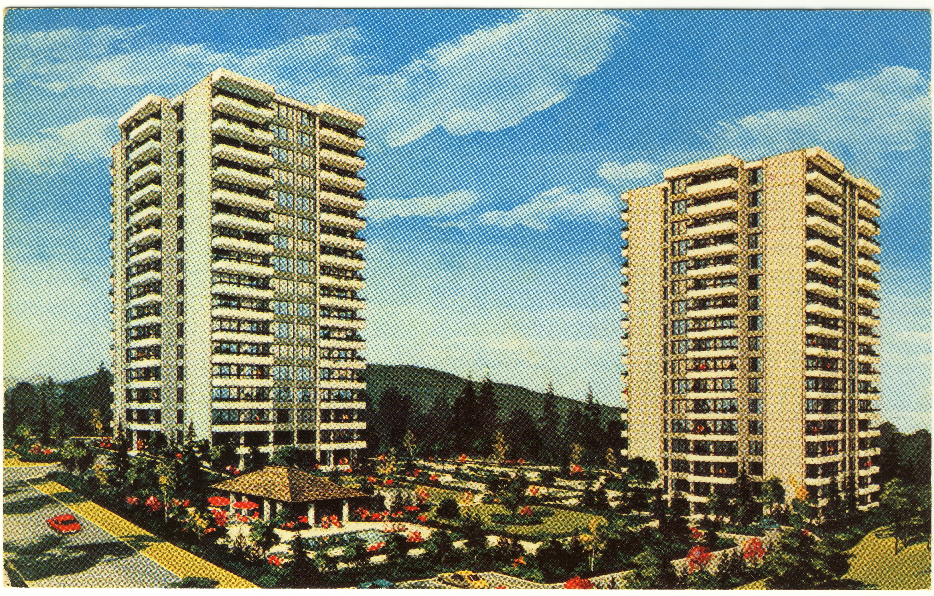 Vantage Point apartment towers, Burnaby, BC. Advertising postcard.